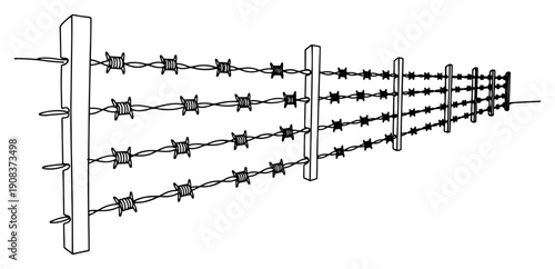Perspective view of a barbed wire fence with posts in continuous line art
