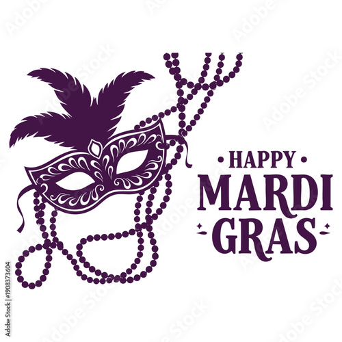 Obraz na plátne Happy Mardi Gras Mask with Feathers and Beads - Purple Illustration