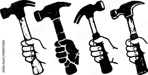 Hand grips and swings claw hammer tool silhouettes in different styles and positions isolated on white