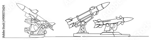 Minimalist continuous one line drawing of military missile launcher systems and tactical rockets
