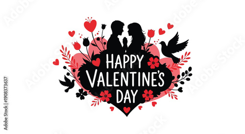 A vibrant valentine s day graphic features a silhouetted couple floating hearts birds and floral elements high quality professional