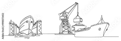 Continuous one line drawing of maritime logistics with a ship in dry dock and a harbor crane loading cargo