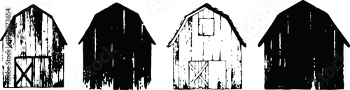 four weathered barn silhouettes in rustic with wood textures and vintage design elements