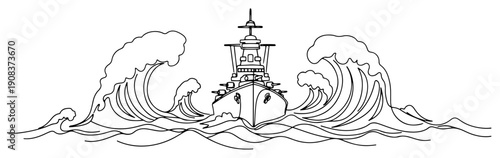 Minimalist continuous one line drawing of a military battleship sailing through giant ocean waves