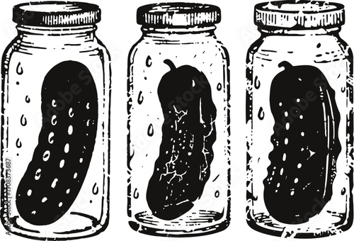 Three pickles preserved in glass jars with sealed lids, hand drawn vintage illustration