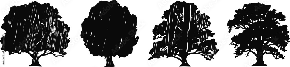 Fototapeta premium black silhouette of four different tree shapes isolated on white background, nature symbols