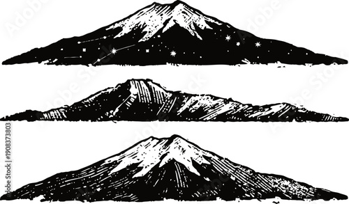 Three vintage mountain illustrations with snow capped peaks in black and white sketch