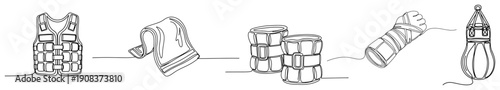 Continuous line art of fitness and gym accessories including boxing gear and weights