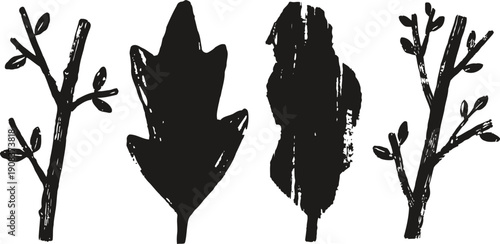 Set of four black ink leaves and branches silhouette illustrations with rough textures