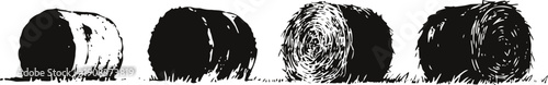 Four vintage hay bale illustrations in varied texture styles farm, agriculture, countryside objects and design elements
