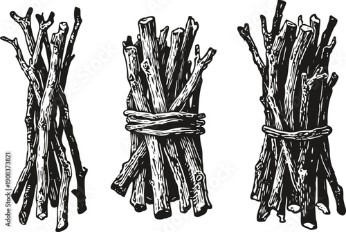 Hand drawn bundles of dry wooden sticks tied with rope isolated on white background