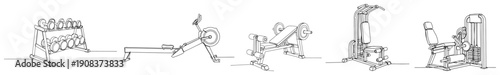 Minimalist one line drawing of various professional gym fitness equipment and machines