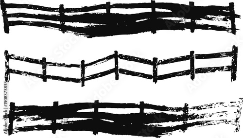 Grunge black hand drawn fence brush stroke design elements in rustic