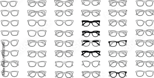 Vector Line Art Illustration Set Featuring a Large Collection of Modern Eyeglasses Frames and Stylish Sunglasses Shapes for Optometry Branding Fashion Design and Eyewear Retail