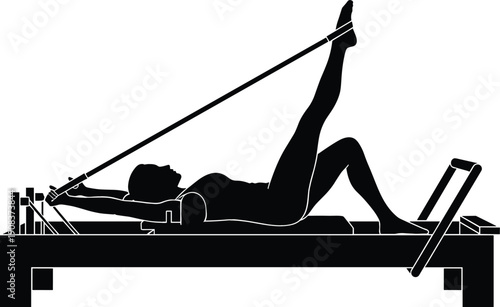 Detailed black vector silhouette of a woman performing a leg-extension exercise on a Pilates reformer for wellness branding