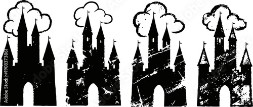 Grunge black castle silhouettes with tall towers and arched gateways, vintage distressed design set