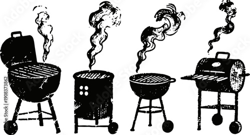Four vintage black charcoal grills emitting smoke with various shapes and designs