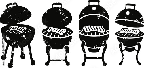 Vintage charcoal barbeque grills with steak on grilling surface cooking food outdoors