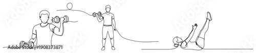 Continuous line drawing of people exercising with dumbbells and performing abdominal workouts