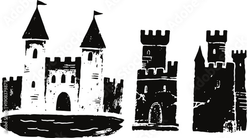 medieval castle and fortress towers silhouettes with flags in black and white design