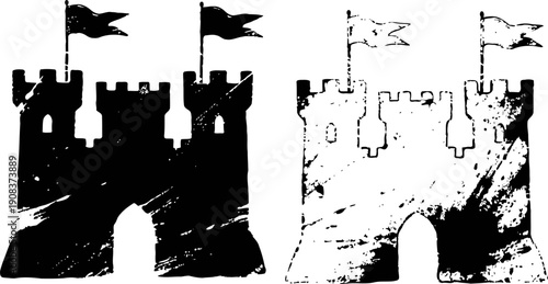 silhouette of two medieval castles with flag banners in monochrome
