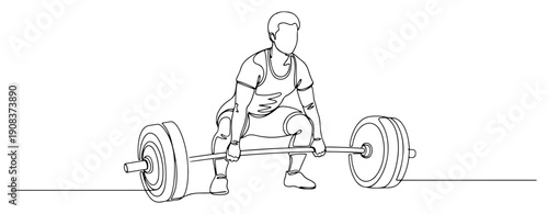 Minimalist continuous one line drawing of a strong man performing deadlift with a heavy barbell in gym