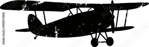 vintage biplane silhouette flying with double wings and open cockpit design
