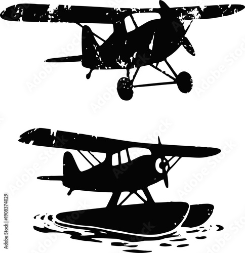 silhouette of vintage airplane and seaplane with pontoons on water surface