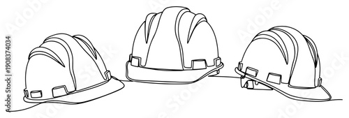 Group of construction hard hats for safety and protection in a minimalist continuous one line drawing style