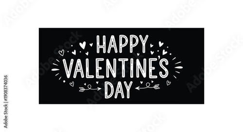 A black background displays the text happy valentine s day surrounded by small hand drawn white hearts and sparkles