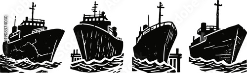 black silhouette of a large cargo ship on water waves, maritime vessel approaching dock