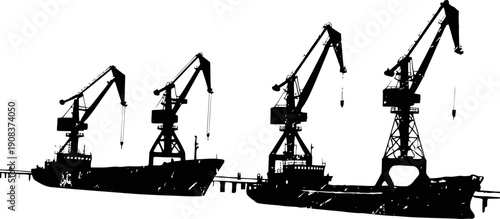 Silhouettes of four large industrial port cranes on dock with ships at sunset