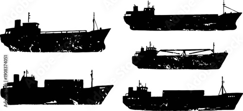 Set of black cargo ship silhouettes in various shapes and sizes on white background