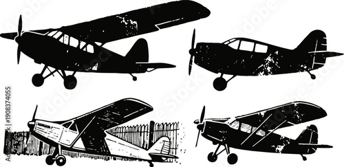 Set of vintage small airplanes silhouettes with distressed texture and landing gear