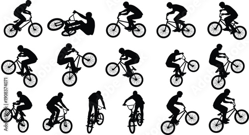 Large collection of BMX bicycle rider silhouettes performing various stunts and tricks in black isolated on white background vector illustration