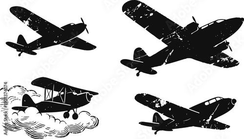 Four vintage airplane silhouettes with one flying above clouds and detailed wing textures