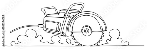 Continuous one line drawing of a power concrete saw cutting through a surface with dust clouds in minimalist style