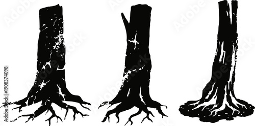 three black tree stumps with exposed roots, isolated on white background