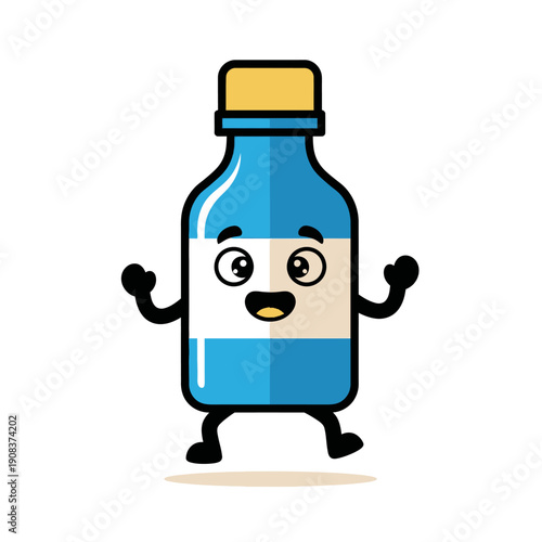 Cute cartoon medicine bottle character with happy face and arms raised, isolated on white background.