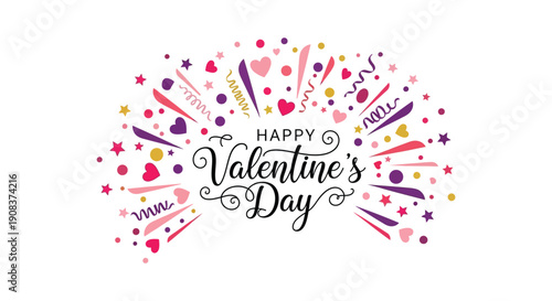 A vibrant and festive illustration displays happy valentine s day surrounded by colorful hearts stars and confetti high quality