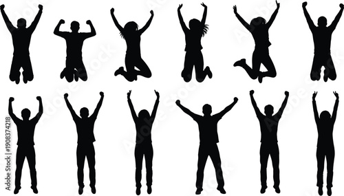 Black vector silhouettes of twelve diverse people jumping and raising arms to celebrate success, joy, and physical fitness