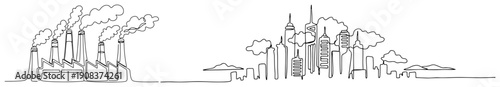 Continuous one line drawing showing a modern city skyline and an industrial factory with smoke clouds