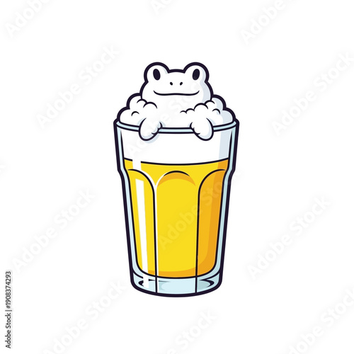 Funny frog peeking out of beer glass with foam, cartoon style