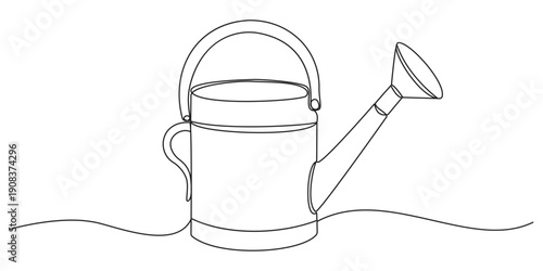 Continuous one line drawing of a classic garden watering can on a white background