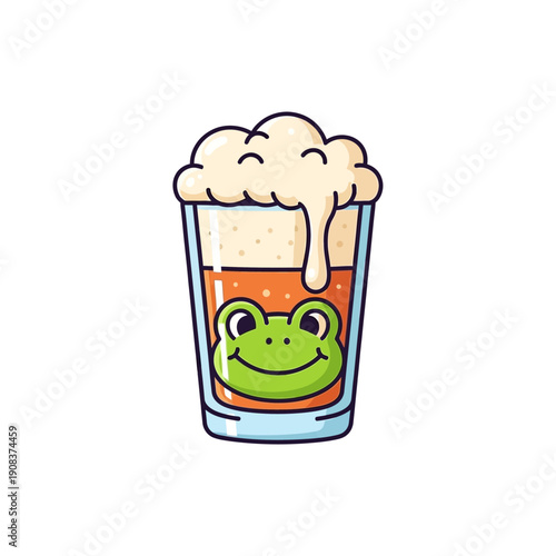 Funny Frog Face in Beer Mug with Frothy Foam, Cartoon Style