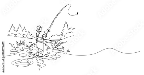 Minimalist continuous line drawing of a fisherman fly fishing in a river surrounded by forest and nature scenery