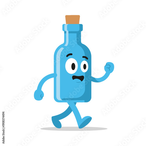 Funny blue bottle character walking with surprised expression, cartoon style