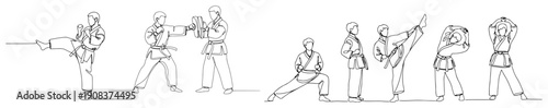Group of martial arts athletes practicing karate poses and kicks in continuous one line drawing style