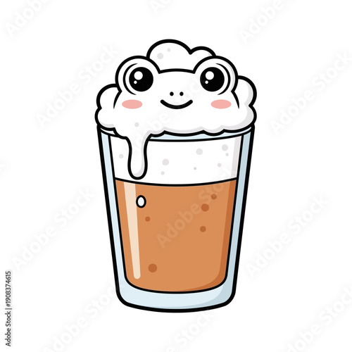 Cute Frog Face in Beer Foam, Kawaii Drink Character, Adorable Beverage Art