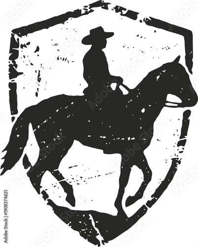 Cowboy riding horse silhouette inside a distressed shield emblem design